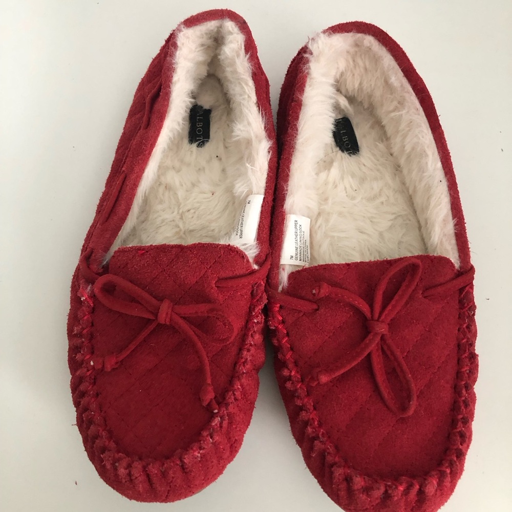 Talbots Red Suede Fuzzy Lined Moccasin Slippers